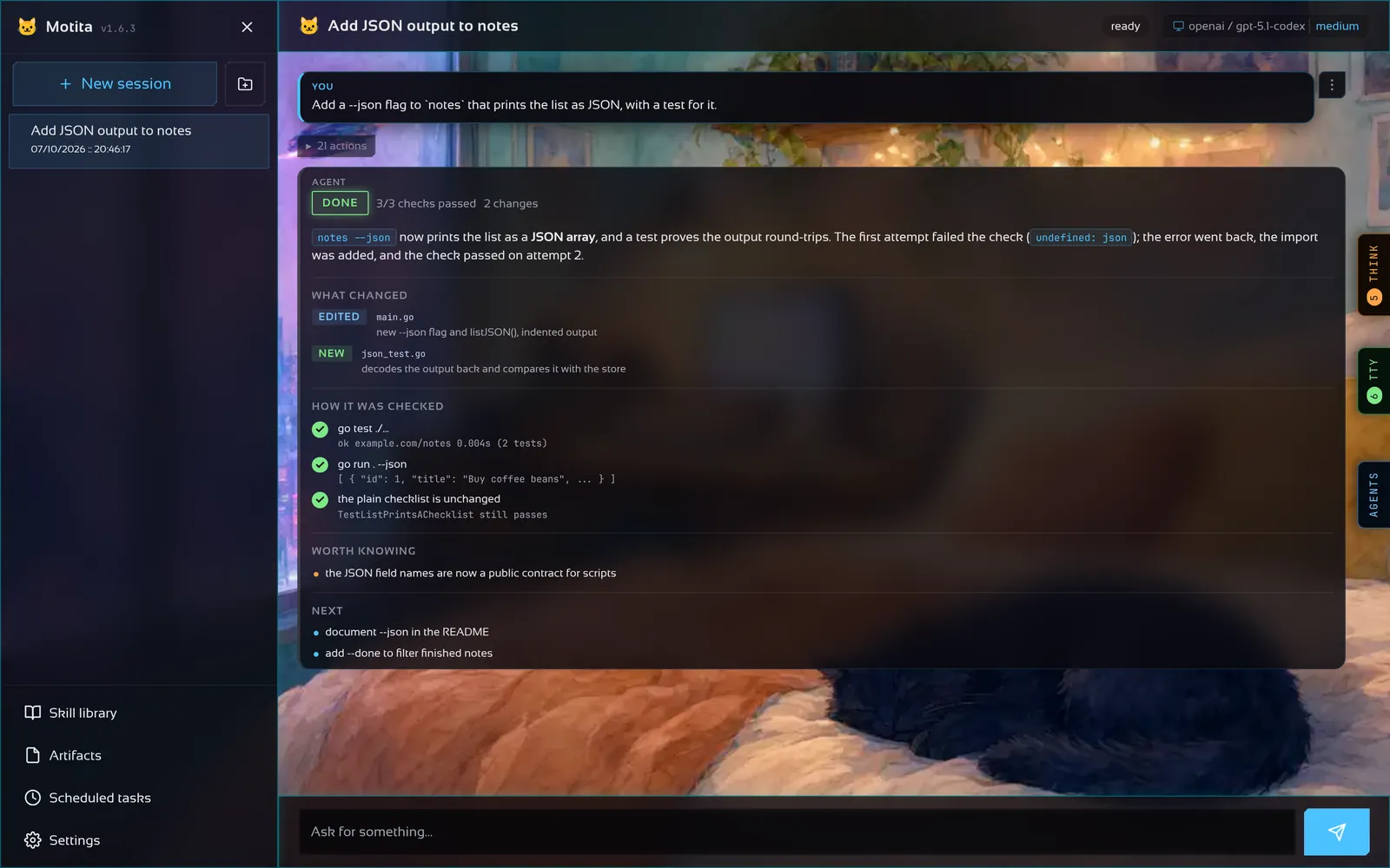 The motita browser interface after a real task: a DONE badge, 3 of 3 checks passed, the two files it changed, how each change was verified, a risk worth knowing and the next steps.